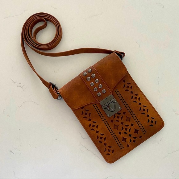 Minicat Vegan Leather Laser Cut Mini Bag Crossbody Small Brown Western Boho Chic - Picture 1 of 10